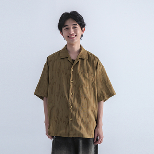 mentmate24ss春夏复古荆棘肌理感衬衣，男小众棕绿色提花短袖衬衫