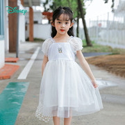 迪士尼童装女童短袖连衣裙夏季黛西卡通泡泡袖，白色公主网纱裙