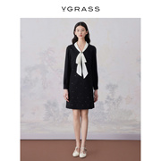 VGRASS黑色羊毛镶拼长袖气质连衣裙女春季丝带领结VSL2O12200