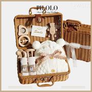 秋季新生儿礼盒有机彩棉衣服套装婴儿礼物宝宝木质手摇铃玩具