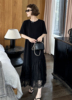 欧洲站2024夏季高端定制法式蕾丝拼接圆领短袖连衣裙女小黑裙