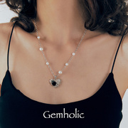 Gemholic黑色爱心宝石项链女珍珠锁骨链高级吊坠纯银叠戴个性礼物