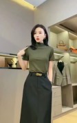 韩版套装女2024夏季时尚高领短袖T恤高腰OL半身裙两件套