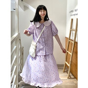 小雨良品日系紫色娃娃，领短袖衬衫半身裙，套装女夏季法式甜美上衣