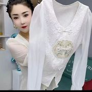 新中式刺绣v领长袖雪纺衬衫女春季2024春款国风复古女士小衫