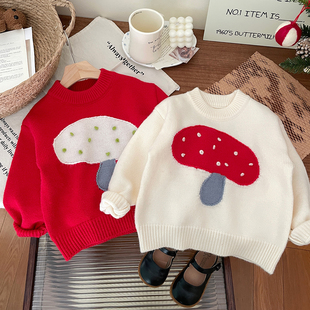 儿童毛衣甜美红色2023女宝宝，新年内(新年内)搭上衣，女童针织打底衫冬装
