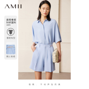 Amii2024秋装蝙蝠袖衬衫字母绣花短裤休闲裤套装女雪纺两件套