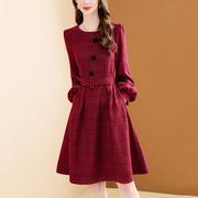 茗思品牌红色灯笼袖格子，连衣裙2023年秋季系带显瘦毛呢a字裙