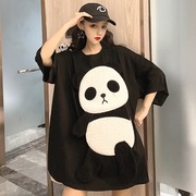 大码女装胖mm夏季韩版ins小众设计立体熊猫宽松中长款短袖T恤上衣