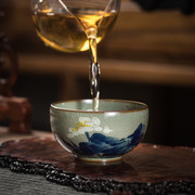 古法柴窑荷花茶杯 手绘莲花景德镇主人杯 老泥开片仿古青花品茗杯