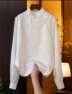 春秋2024年新中式女装中国风盘扣真丝衬衫女长袖衬衣立领上衣