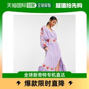 香港直邮潮奢 ASOS 女士设计V领蝙蝠袖雪纺刺绣淡紫色长款连衣裙