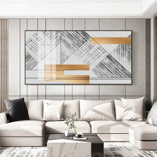 现代客厅抽象装饰画大横幅黑白风线条金色玄关挂画轻奢风样板间画