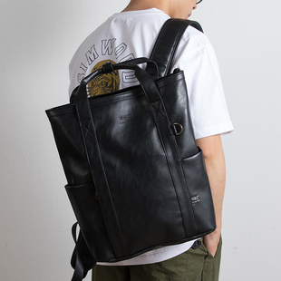 韩版男士旅行背包复古pu皮学生书包，个性时尚大容量双肩包电脑(包电脑)背包