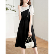 时尚气质黑白拼接拉链设计短袖连衣裙夏季宽松显瘦短袖a字裙