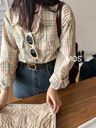韩版宽松格子长袖衬衣，休闲时尚宽松绿色，格纹长袖衬衫女az7113