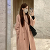 韩版高级感秋冬装小个子粉色，宽松双排扣呢子大衣，毛呢外套女中长款