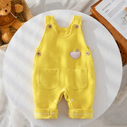 婴儿背带裤春季3-6-9-12个月男宝裤子按扣，开裆女宝灯芯绒黄色