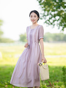 纻衣紫色方领天丝淑女连衣裙女夏季显瘦高级感2023年气质裙子