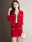 小香风两件套女装秋装2022红色套裙时尚洋气时髦套装针织半裙