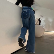 马吉拉(马吉拉)设计牛仔裤，女2024春季后口袋，撞色高腰显瘦直筒阔脚裤潮
