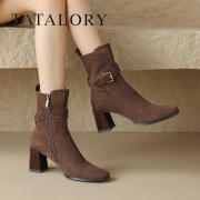 tatalory女鞋复古磨砂，西部骑士靴侧拉链皮带扣粗高跟短靴机车靴