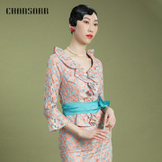 香莎CHANSARR 复古气质粉色荷叶上衣 原创设计绣花镂空华丽衬衫