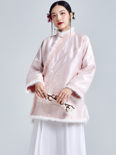 2024冬装中国风复古上衣女刺绣毛领蕾丝改良唐装中式棉袄女装