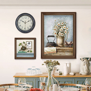 美式餐厅挂画带钟表客厅卧室背景墙装饰画复古组合画挂钟欧式壁画