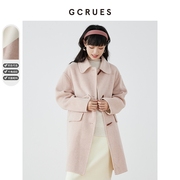gcrues双面羊毛呢外套，女秋冬2024小个子牛角，扣粉色大衣高级感