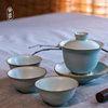 汝窑三才盖碗茶杯景德镇功夫，茶具套装茶碗，开片陶瓷手工冰裂釉青瓷