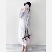 韩国蕾丝镂空针织无袖，背心裙女连衣裙新中式，外搭叠穿罩衫长款黑白