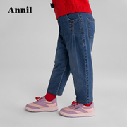 安奈儿童装女童牛仔棉裤，加厚保暖2022冬洋气，印花小童休闲长裤