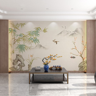 现代简约新中式竹子壁画客厅，沙发电视背景墙，壁纸水墨山水假山墙布