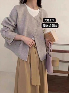 韩系圆领双面羊绒，大衣女短款单排扣小个子羊，毛呢外套2024春季