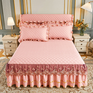 欧式夹棉加厚床罩床裙式单件纯棉1.5米蕾丝花边防滑保护床套1.8米