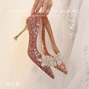 中式秀禾婚鞋女2024春季禾秀婚纱两穿红色水晶结婚新娘高跟鞋