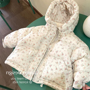 韩国女童碎花棉服2023冬季洋气加厚保暖时尚连帽儿童夹棉外套