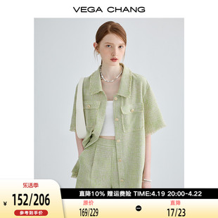 vegachang夏季休闲套装女2024小香风短袖，外套直筒短裤两件套