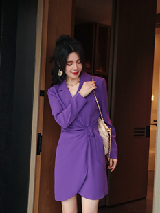 高端时尚收腰系带西服外套紫色设计感不规则捏褶修身西服裙女