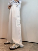 白色缎面垂感侧袋阔腿直筒，休闲裤mksin6小众，原创设计女装2023