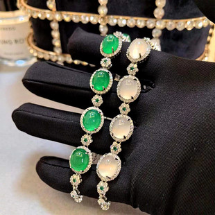 绿色玉髓手链女纯银轻奢大气，高级感粉玛瑙白玉石，手镯手饰送人礼物