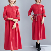 夏季旅行文艺范女装拼接圆领系带气质长款复古红色棉麻连衣裙