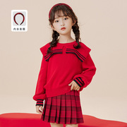 女童韩版针织套装两件套秋冬儿童喜庆红色，毛衣格子短裙中大童