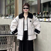 设计师品牌herlian23秋季撞色拼皮羊羔毛外套(毛，外套)长袖保暖上衣女