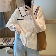 胖mm大码翻领短袖衬衫女韩版夏季2022年宽松设计感小众上衣潮