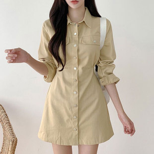 韩国chic秋季法式气质翻领单排扣收腰显瘦长袖小个子衬衫式连衣裙