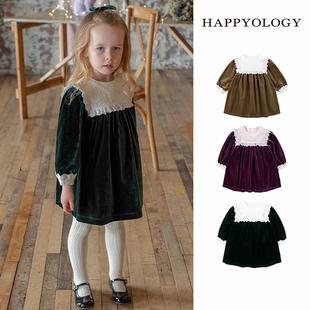 happyology英国儿童丝绒，女童蕾丝花边洋气儿童公主，裙长袖连衣裙