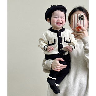 2024春秋韩版婴儿套装小香风针织长袖开衫木耳边长裤女宝宝两件套