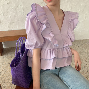 泡泡袖上衣女v领紫色，衬衫设计感小众，夏季2020宽松短袖雪纺衫